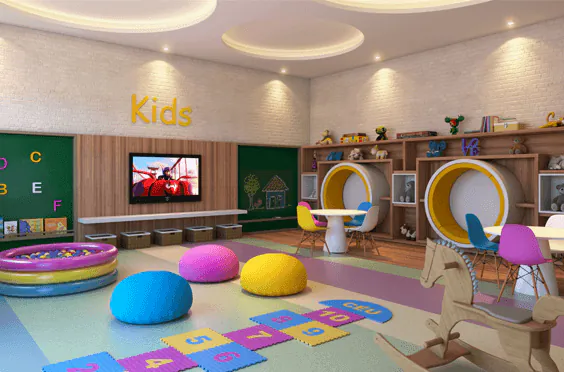 Espaço kids com móveis, assentos e acabamentos coloridos para uso infantil